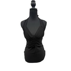Vintage Y2K Black Padded Ruched Halter Top Black Whimsigoth Size Large
